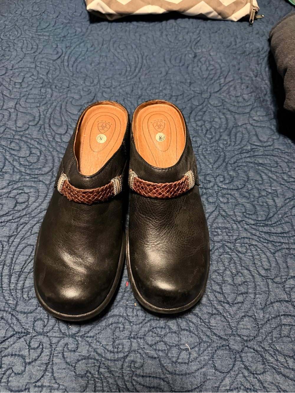 Ariat Black Leather Slip-On Mules with Brown Braided Accent